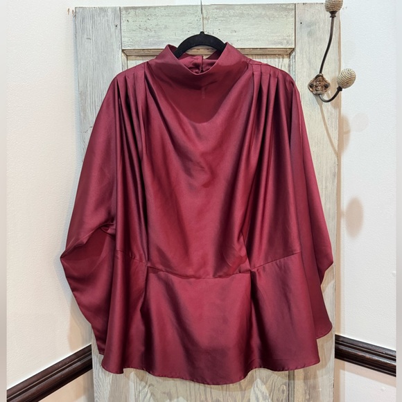 Eloquii Maroon Burgundy mock neck peplum long sleeve Satin Shirt Top 18 - Picture 1 of 6